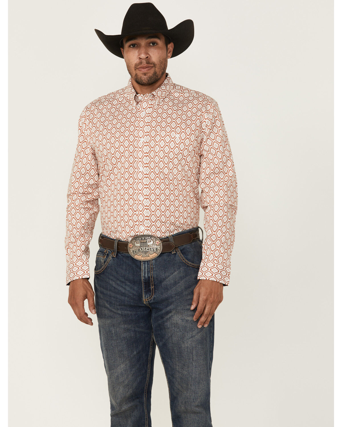 Image #1 - RANK 45® Men's Desert Walk Southwestern Print Long Sleeve Button-Down Stretch Western Shirt, Caramel, hi-res