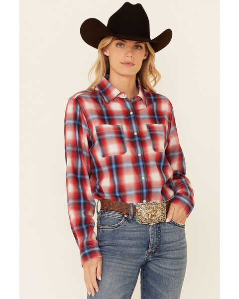Rock & Roll Denim Women's Plaid Print Long Sleeve Snap Western Boyfriend Shirt , Red, hi-res