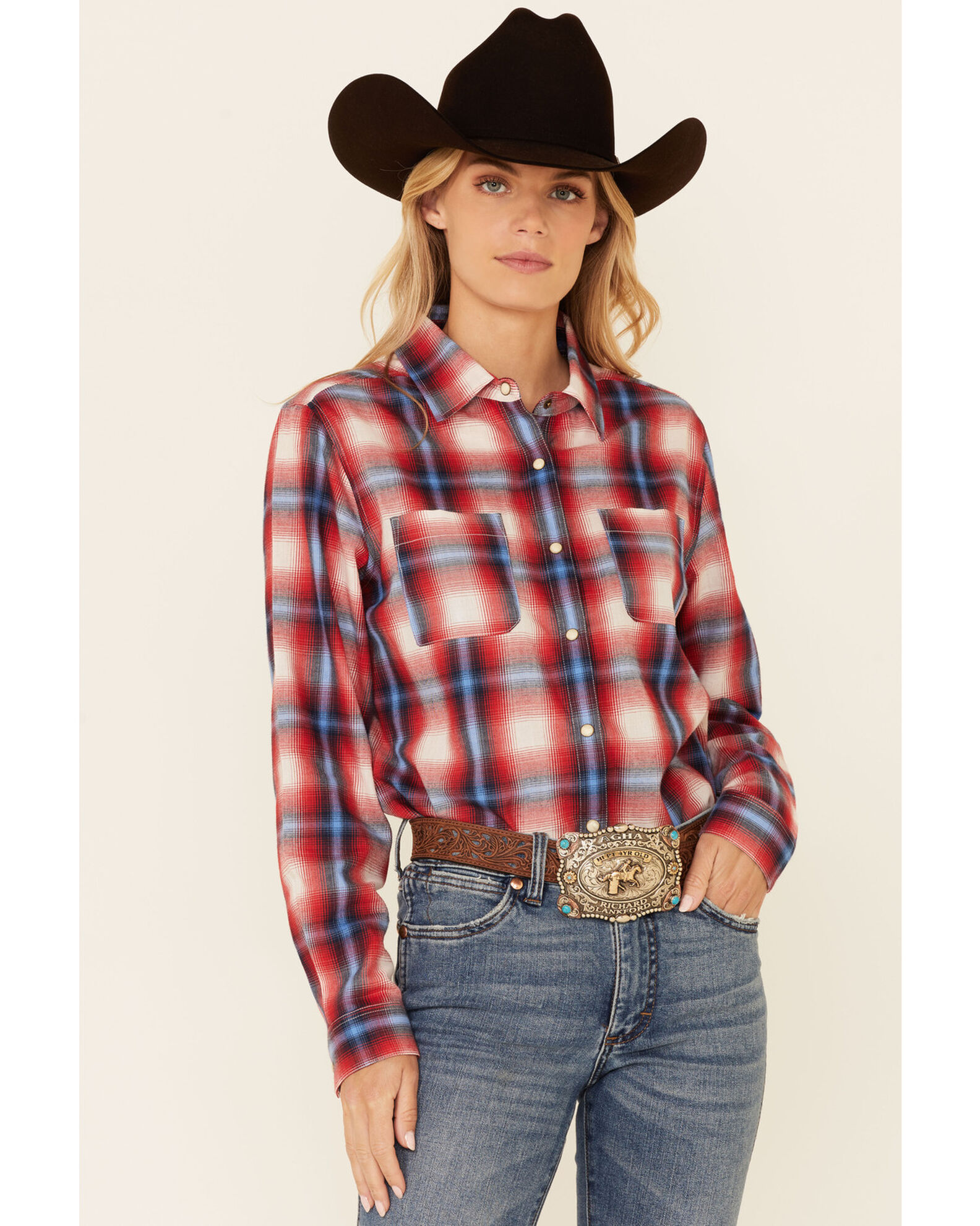 Rock Roll Denim Women s Plaid Print Long Sleeve Snap Western