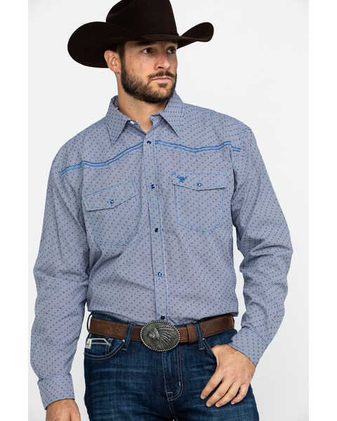 Image #1 - Cowboy Hardware Men's Dobby Print Long Sleeve Western Shirt , Navy, hi-res