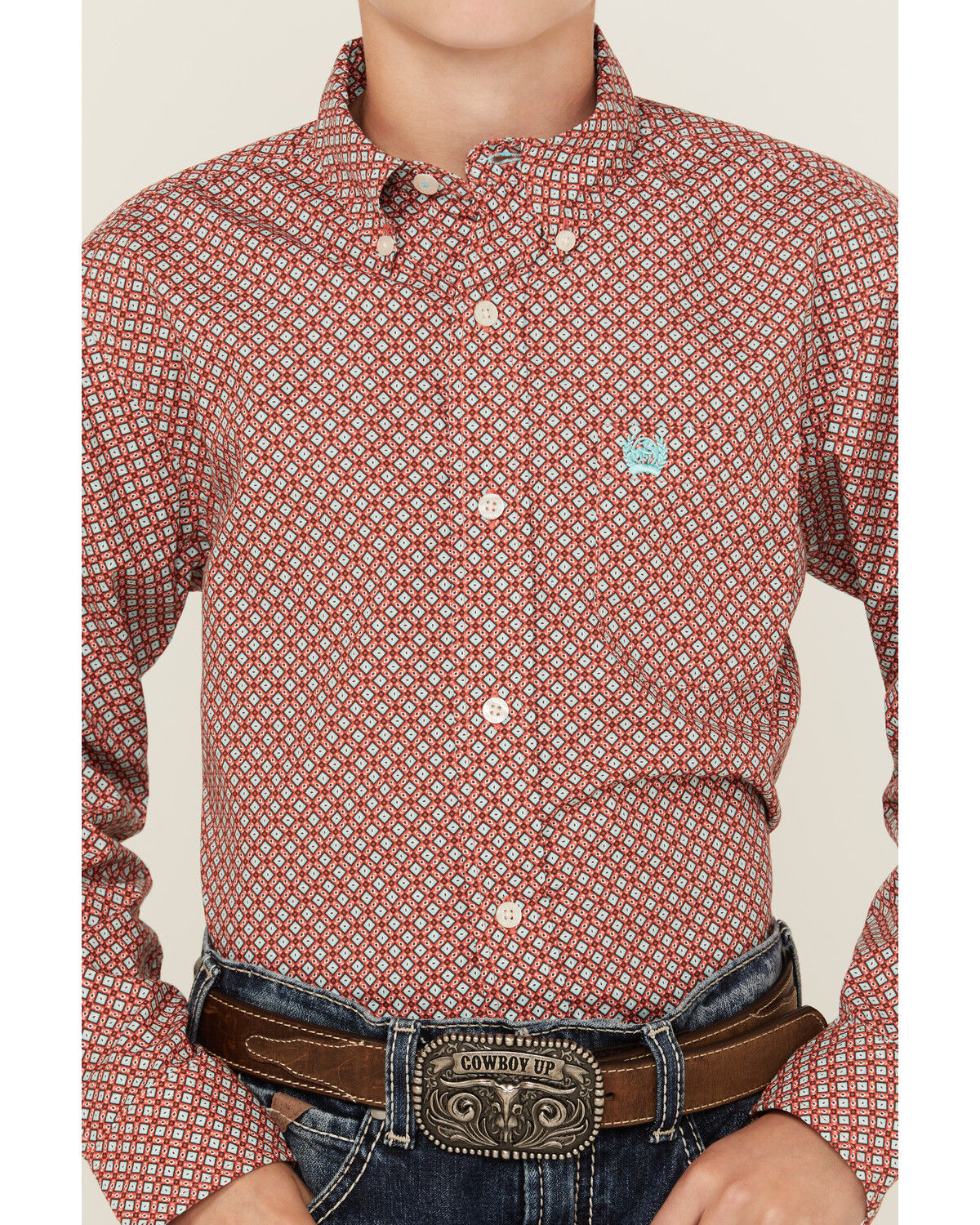 Image #3 - Cinch Boys' Geo Print Long Sleeve Button-Down Western Shirt, Red, hi-res