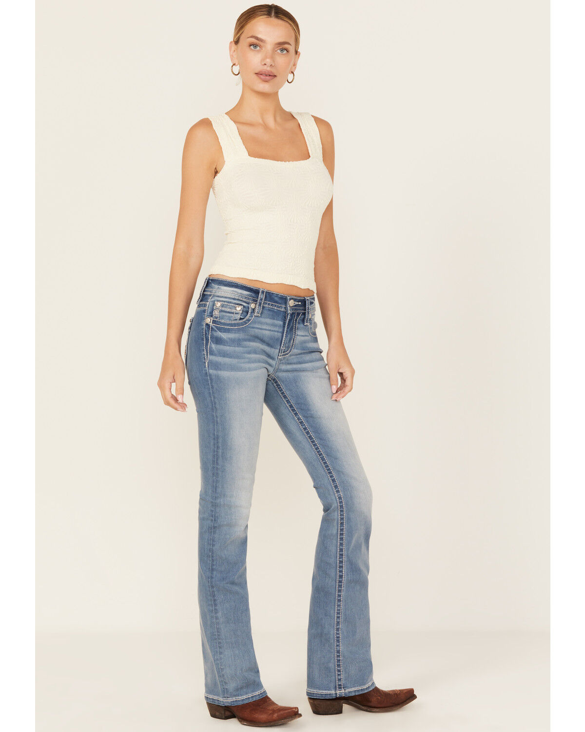 Image #3 - Miss Me Women's Light Wash Mid Rise Butterfly Pocket Bootcut Stretch Denim Jeans, Light Wash, hi-res