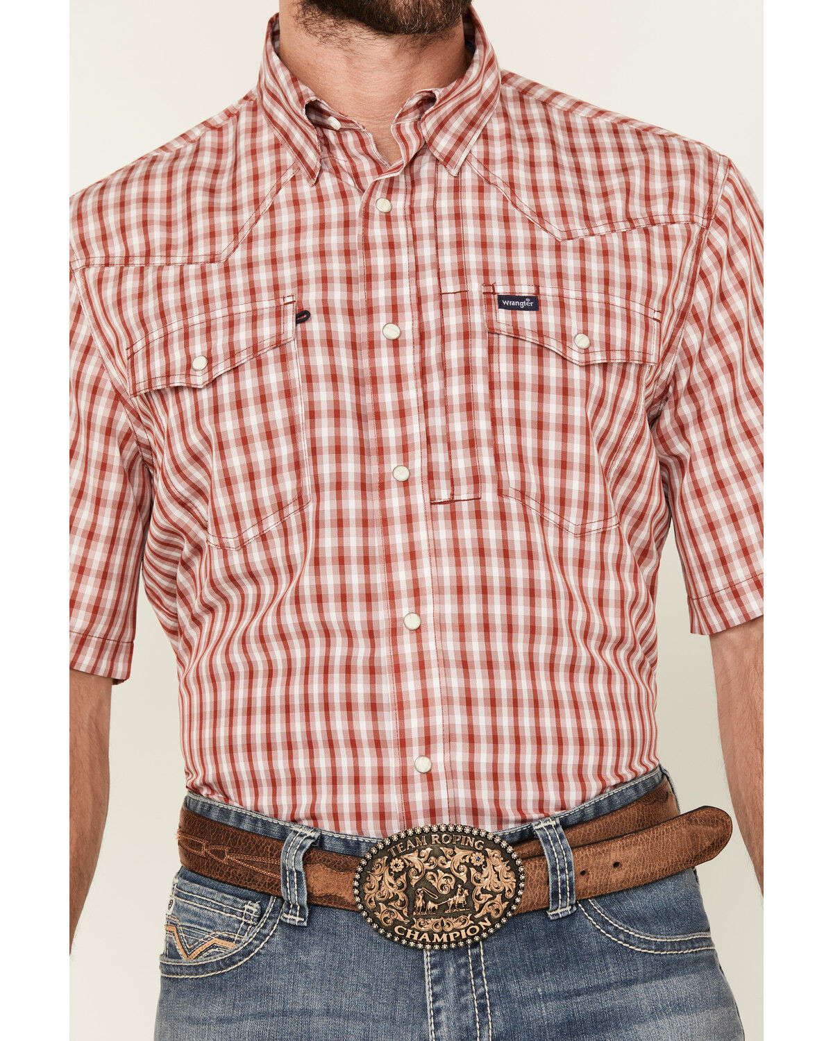 Image #3 - Wrangler Men's Plaid Print Short Sleeve Snap Performance Western Shirt, Red, hi-res