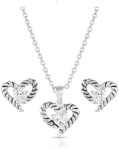 Montana Silversmiths Women's Silver Flirty Love Necklace & Earrings Jewelry Set, Silver, hi-res