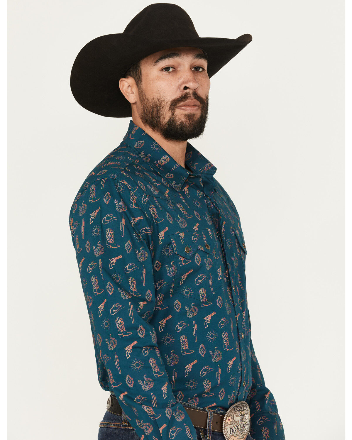 Image #1 - Rock & Roll Denim Men's Cowboy Print Long Sleeve Snap Stretch Western Shirt, Teal, hi-res