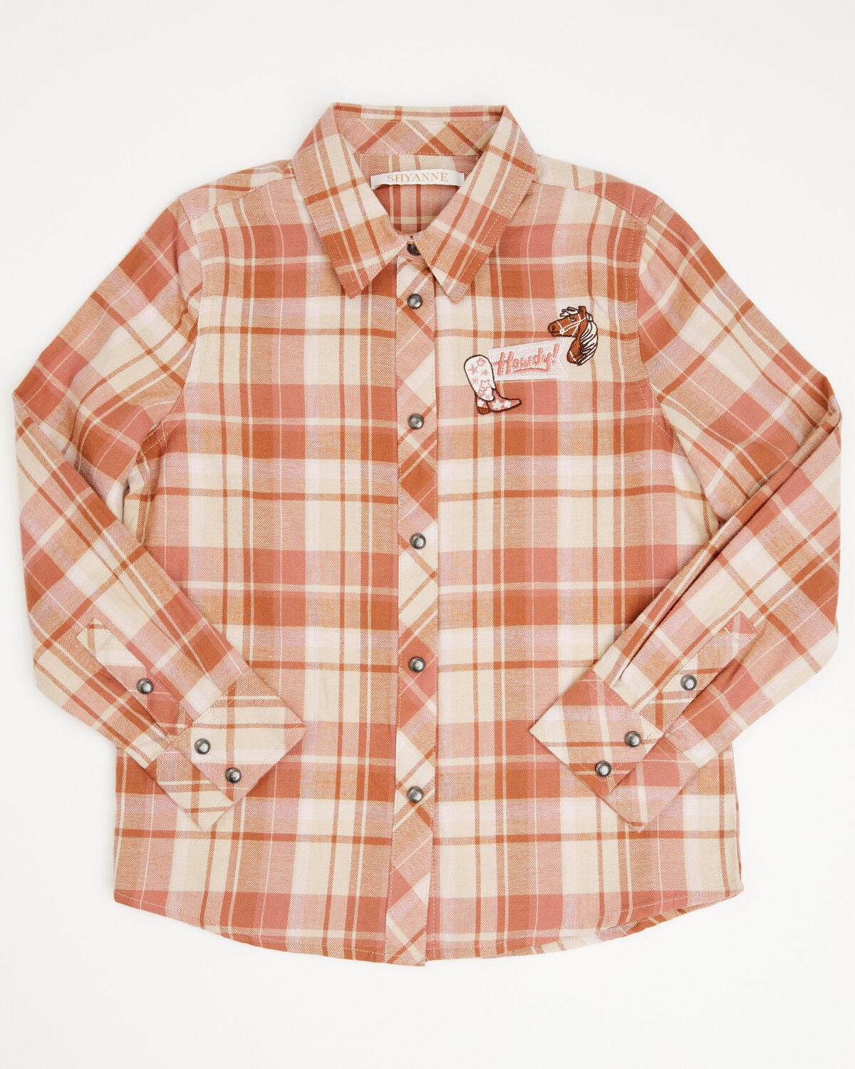Image #1 - Shyanne Girls' Blair Plaid Print Embroidered Long Sleeve Snap Flannel Shirt, Rose, hi-res