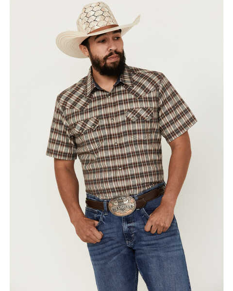 Cody James Men's Grit Plaid Print Short Sleeve Snap Western Shirt , Brown, hi-res