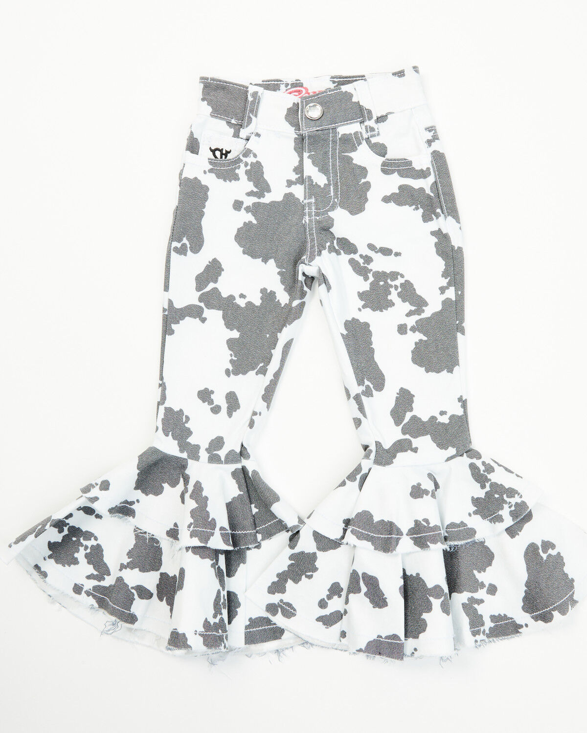Image #1 - Cowgirl Hardware Toddler Girls' Cow Print Double Ruffle Stretch Denim Jeans, Black/white, hi-res