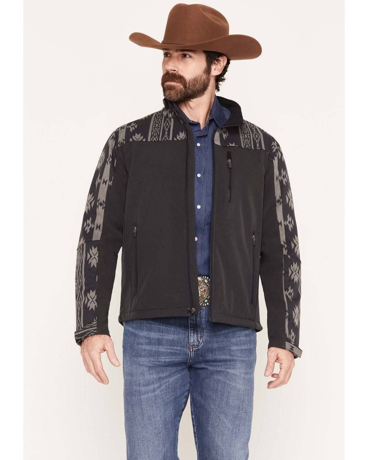 Hooey Men's Jackson Southwestern Color Block Softshell Jacket, Black, hi-res