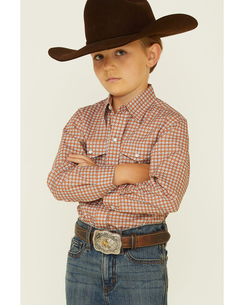 Amarillo Boys' Copper Ridge Criss Cross Geo Print Long Sleeve Snap Western Shirt , Orange, hi-res