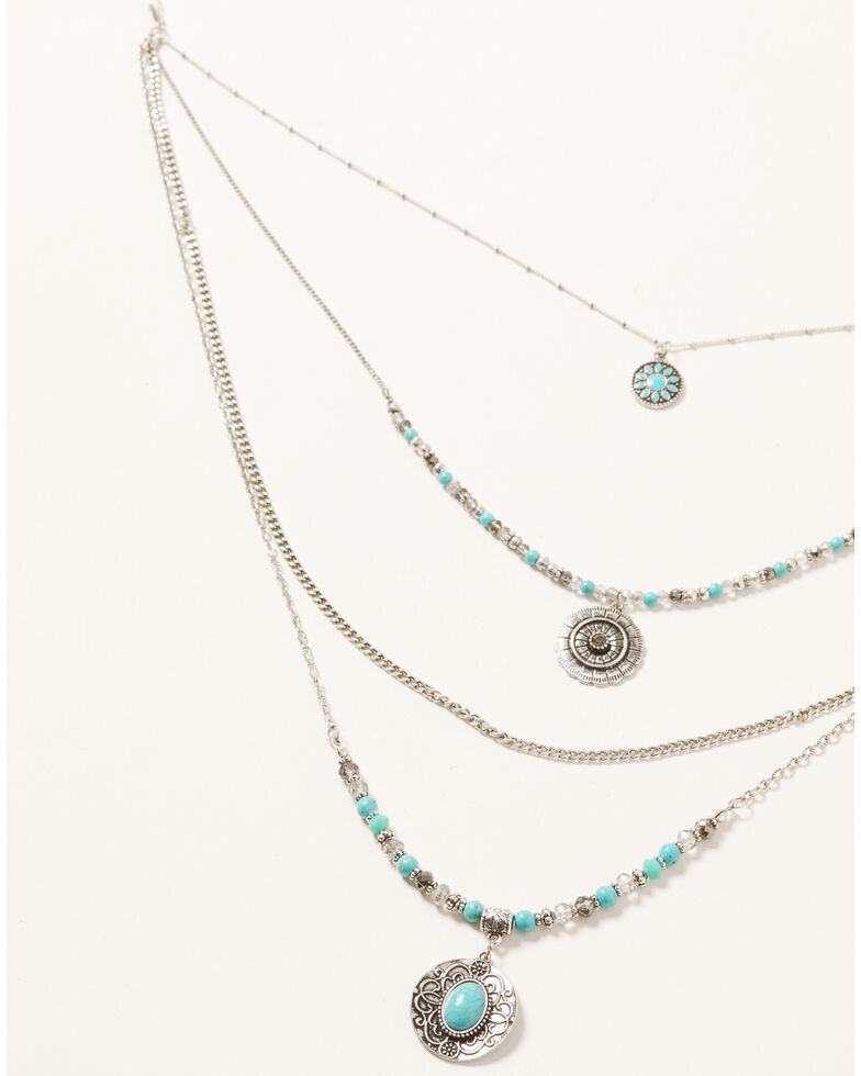 Shyanne Women's Shimmer Concho Four Tier Silver & Turquoise Necklace, Silver, hi-res