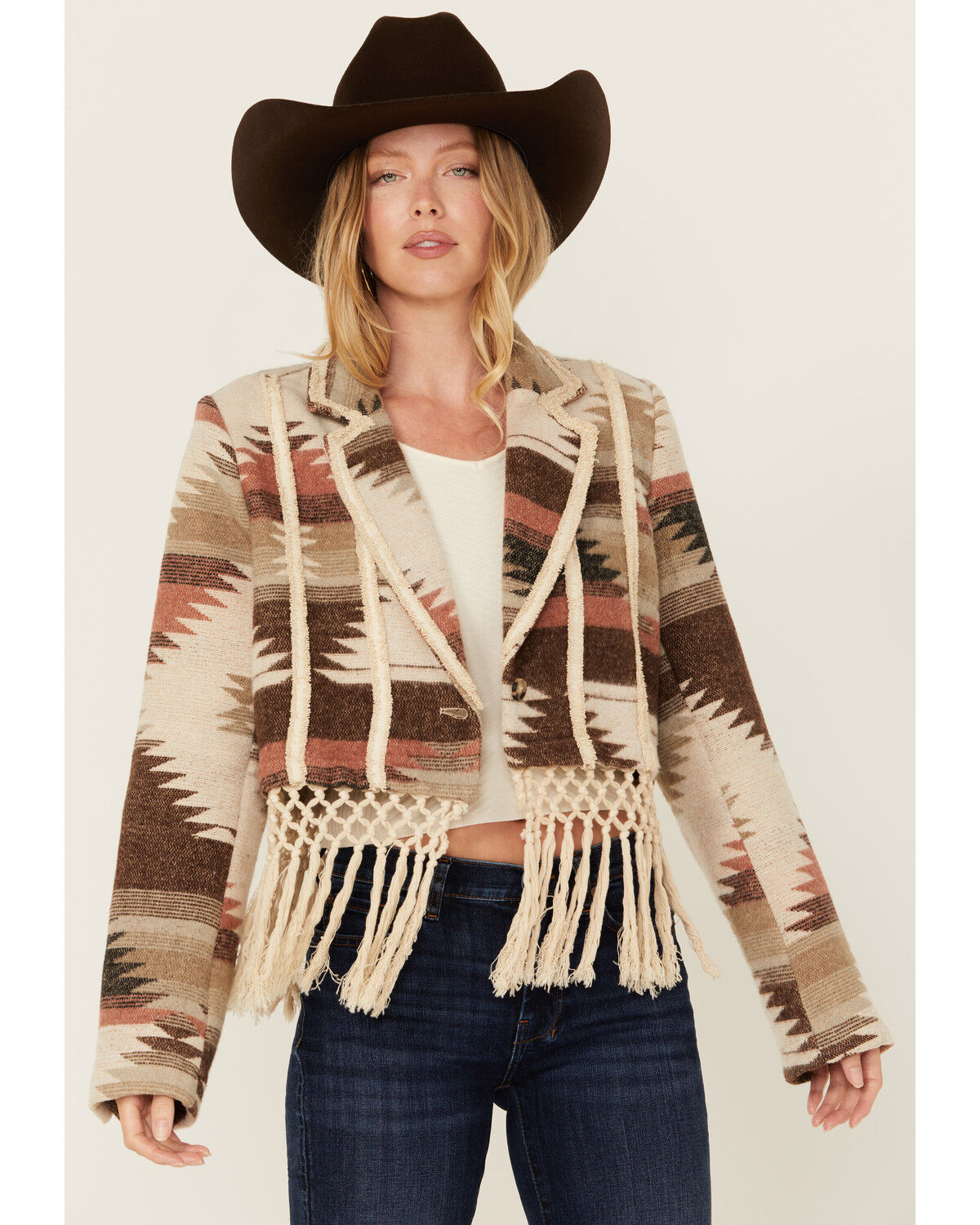 Image #3 - Miss Me Women's Southwestern Print Cropped Blazer, Beige, hi-res