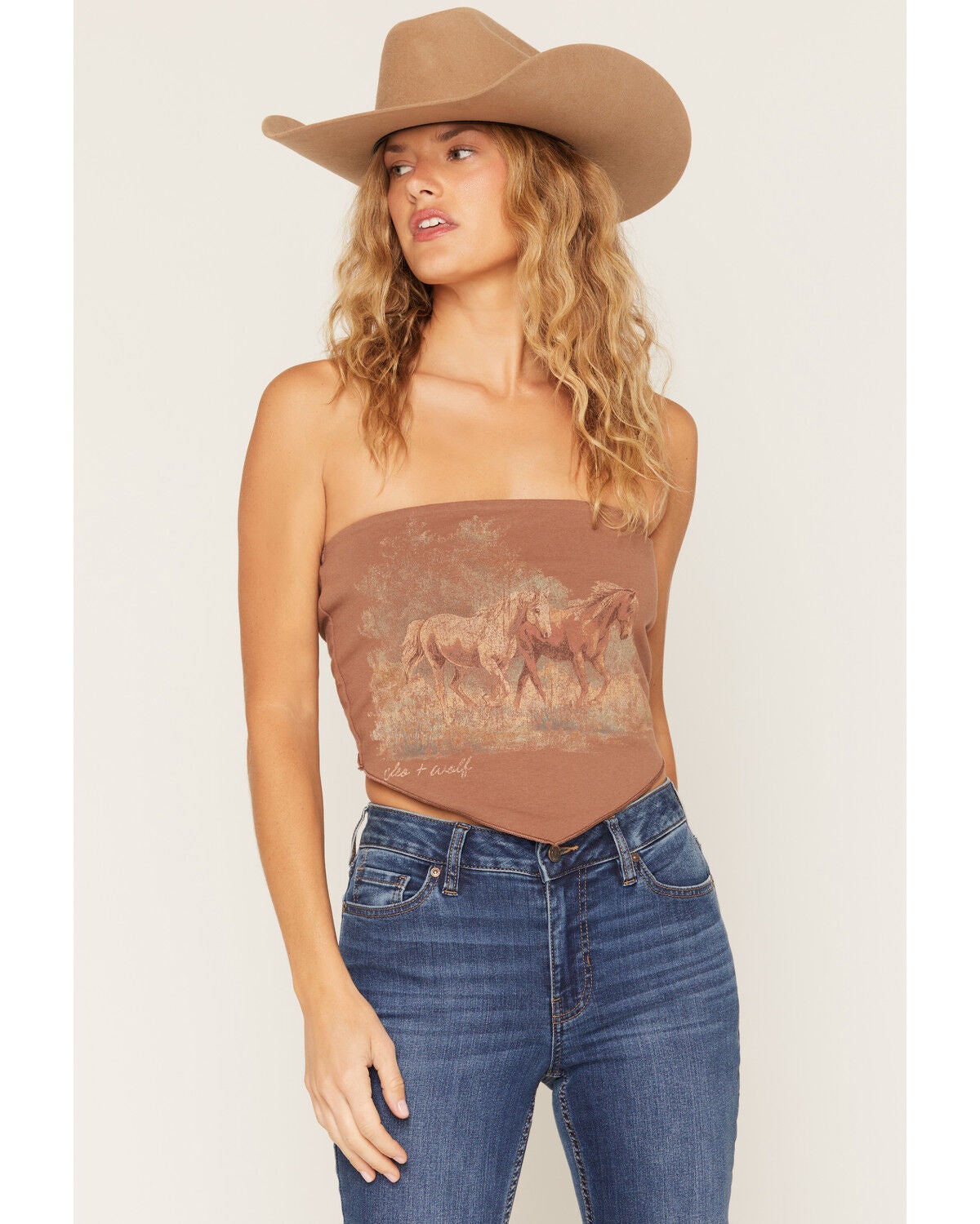 Cleo + Wolf Women's Running Horse Strapless Tie Top, Brown, hi-res