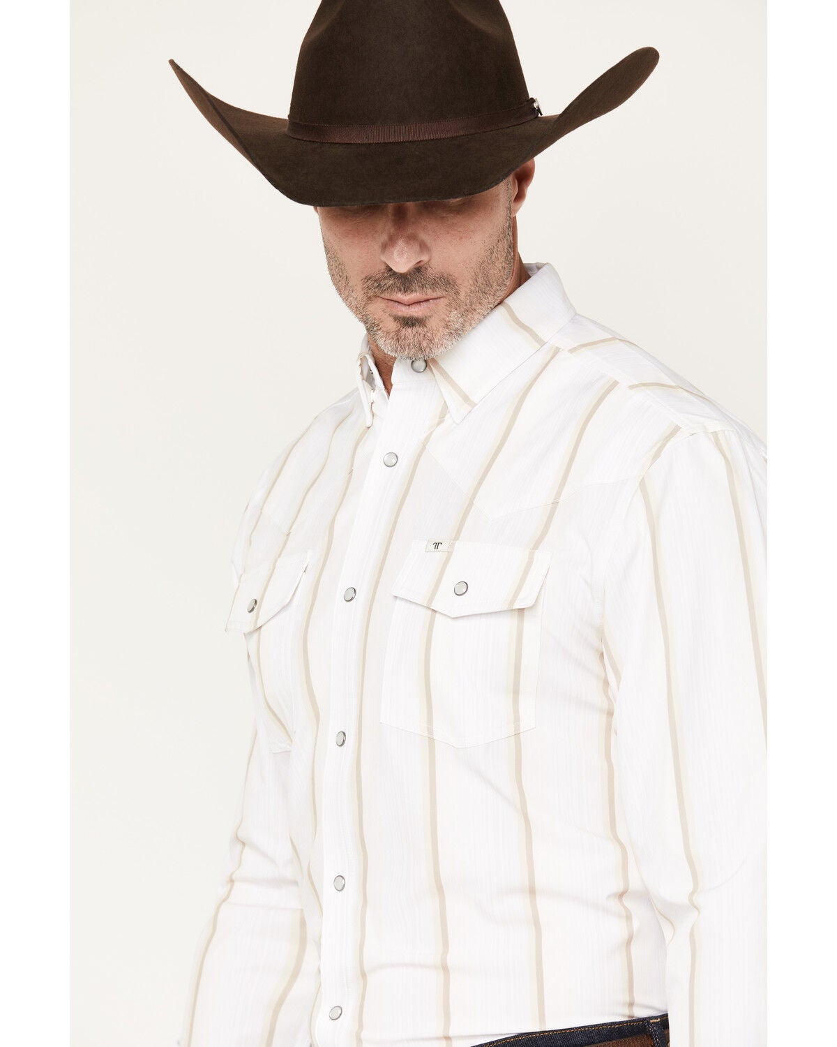 Image #2 - Ferrell Men's Tristan Tek Striped Long Sleeve Pearl Snap Stretch Western Shirt, Cream, hi-res