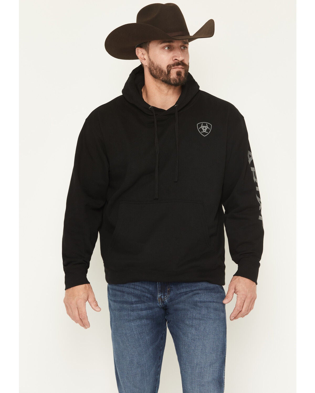 Image #1 - Ariat Men's Logo Graphic Hooded Sweatshirt - Tall, Black, hi-res