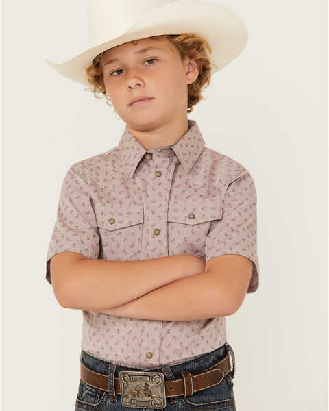 Cody James Boys' Paisley Print Short Sleeve Snap Western Shirt, Burgundy, hi-res