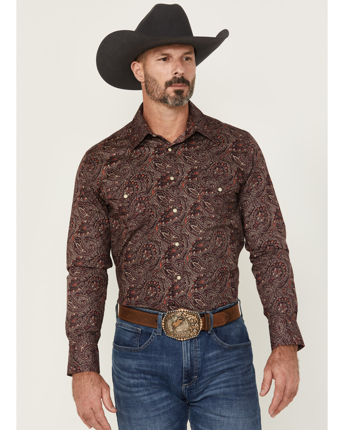 Image #1 - Rock & Roll Denim Men's Paisley Print Long Sleeve Snap Stretch Western Shirt, Burgundy, hi-res