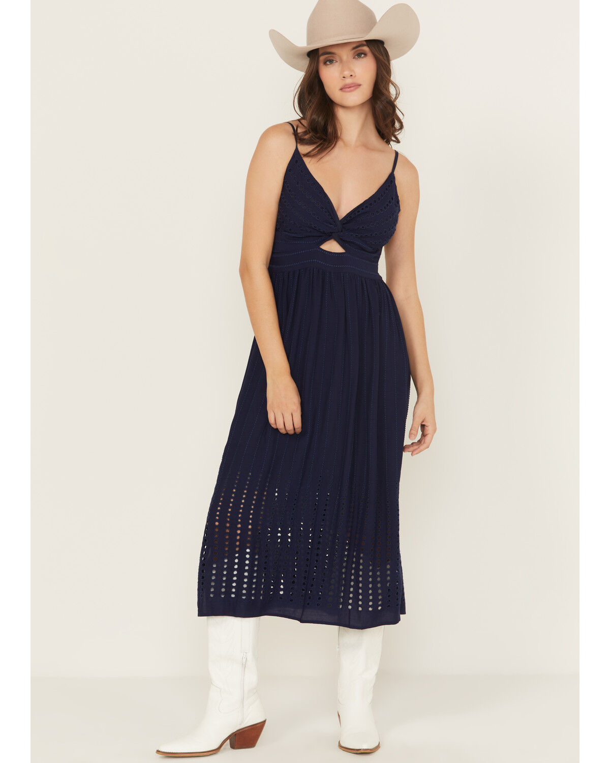 Image #1 - Angie Women's Embroidered Knot Front Midi Dress, Navy, hi-res