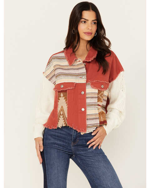 Image #1 - Miss Me Women's Striped Color Block Cropped Shacket , Red, hi-res