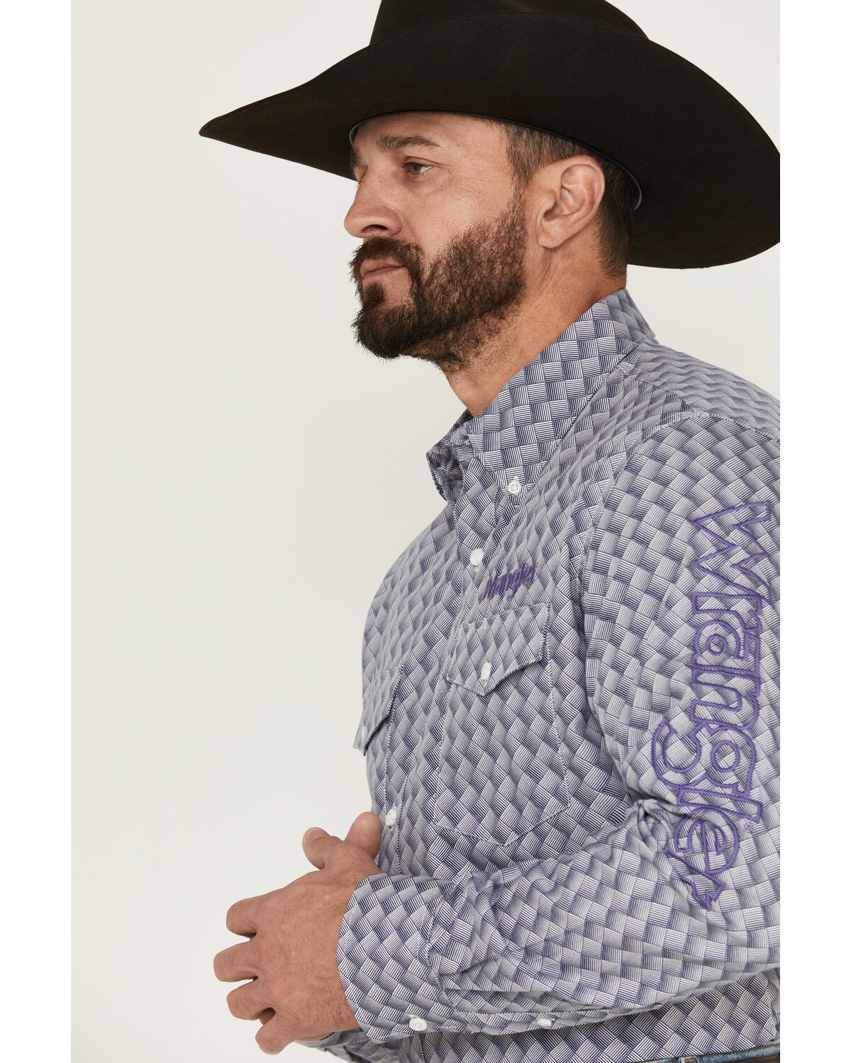 Image #2 - Wrangler Men's Printed Logo Long Sleeve Button-Down Western Shirt, Navy, hi-res