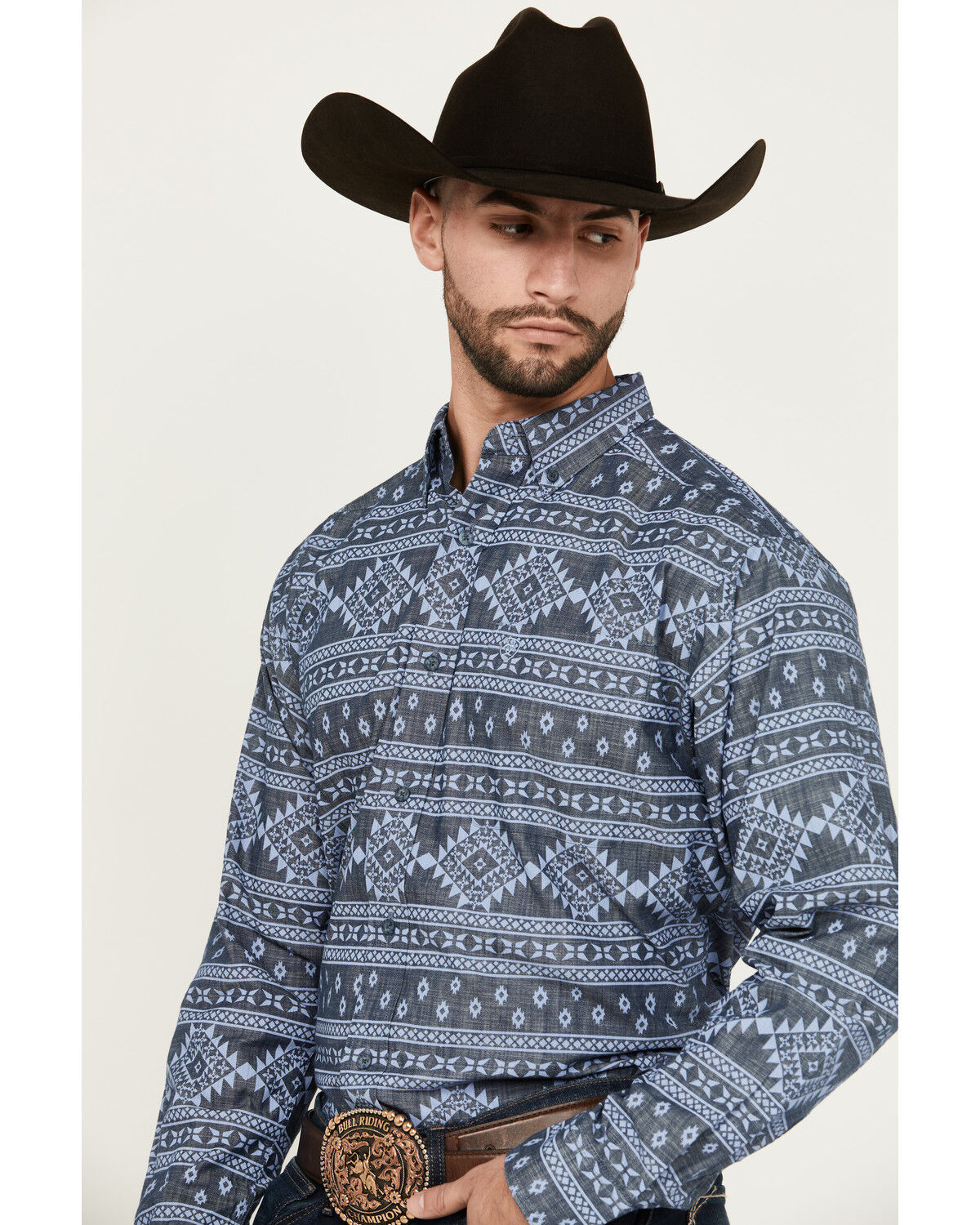 Image #2 - Ariat Men's Eddie Southwestern Print Long Sleeve Button-Down Western Shirt, Navy, hi-res