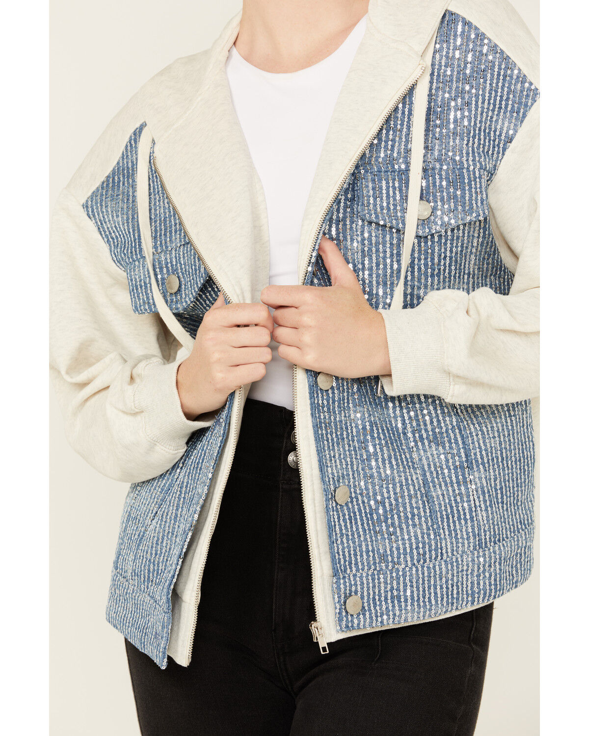 Image #3 - Miss Me Women's Denim Sequins Zip-Up Hoodie, Oatmeal, hi-res