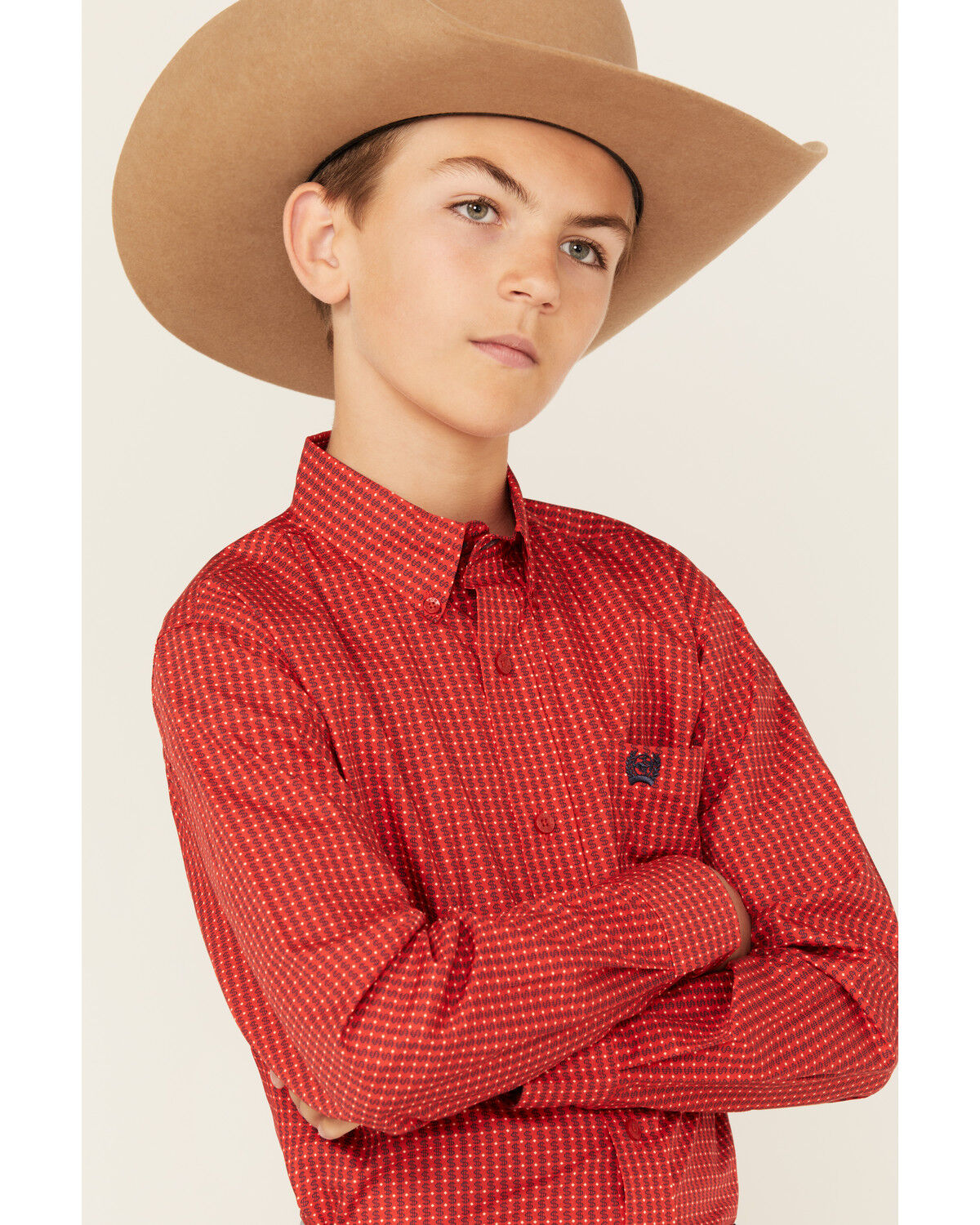 Image #2 - Cinch Boys' Geo Print Long Sleeve Button-Down Western Shirt, Red, hi-res