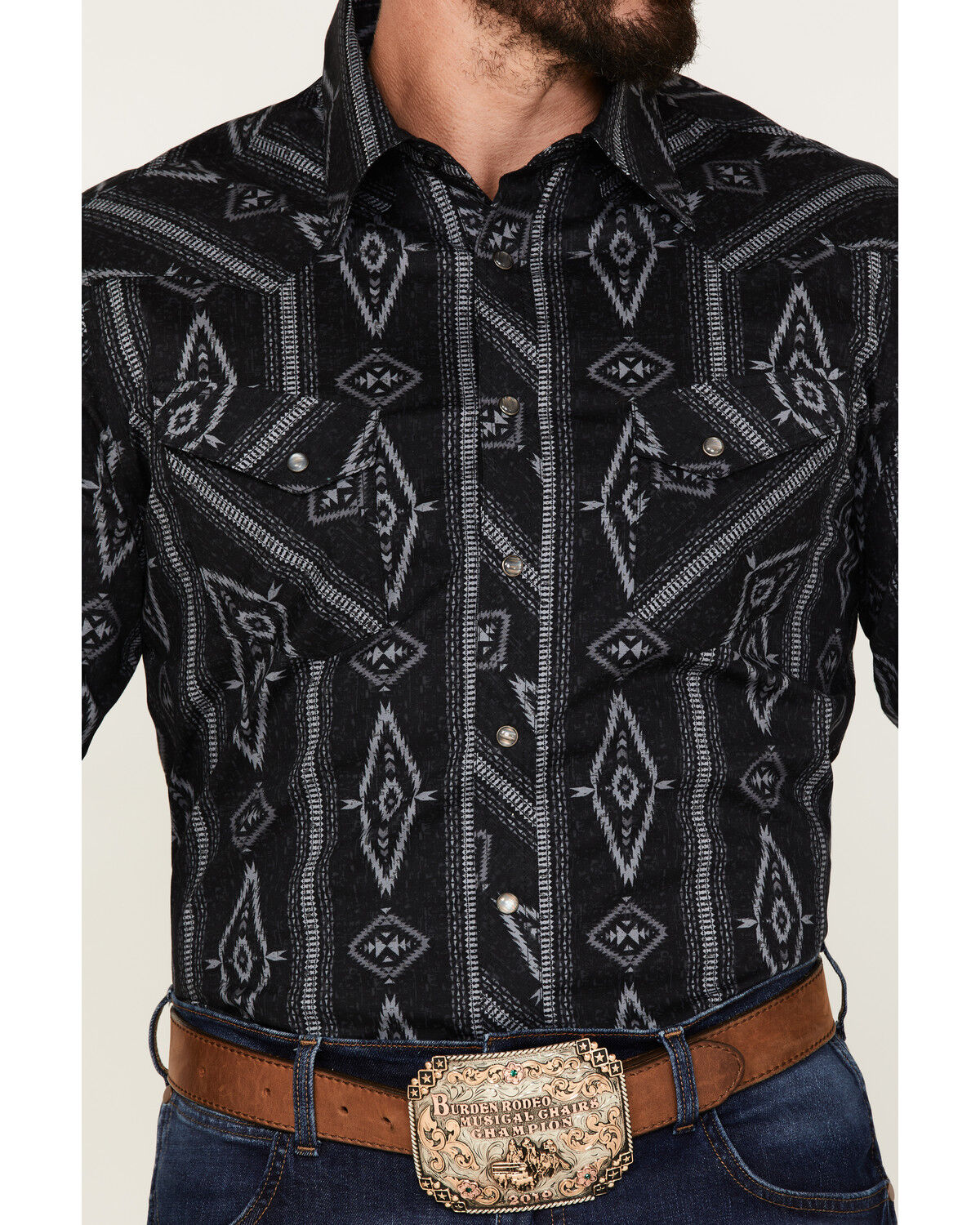 Image #3 - Rock & Roll Denim Men's Southwestern Stretch Long Sleeve Snap Shirt, Charcoal, hi-res