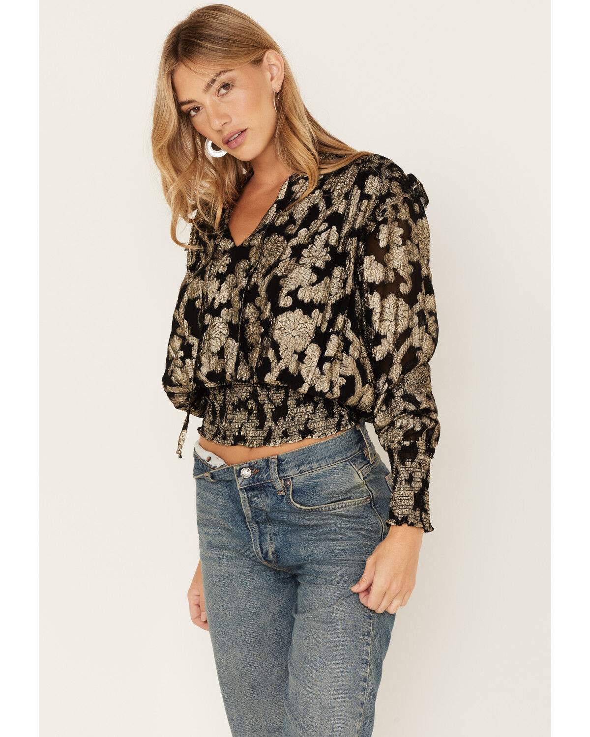Image #2 - Revel Women's Floral Smocked Waist Top, Black, hi-res