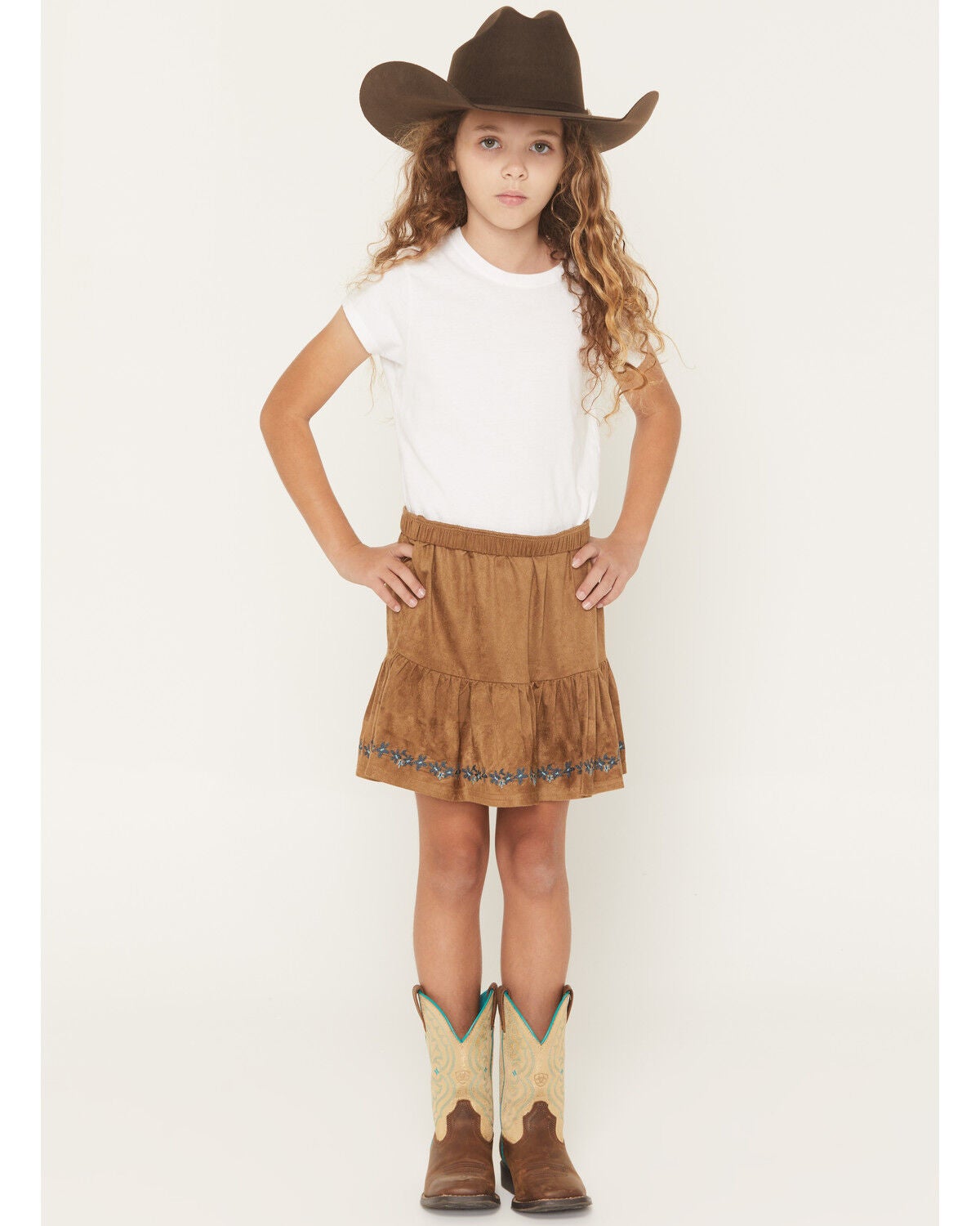 Shyanne Girls' Faux Suede Tiered Skirt, Coffee, hi-res