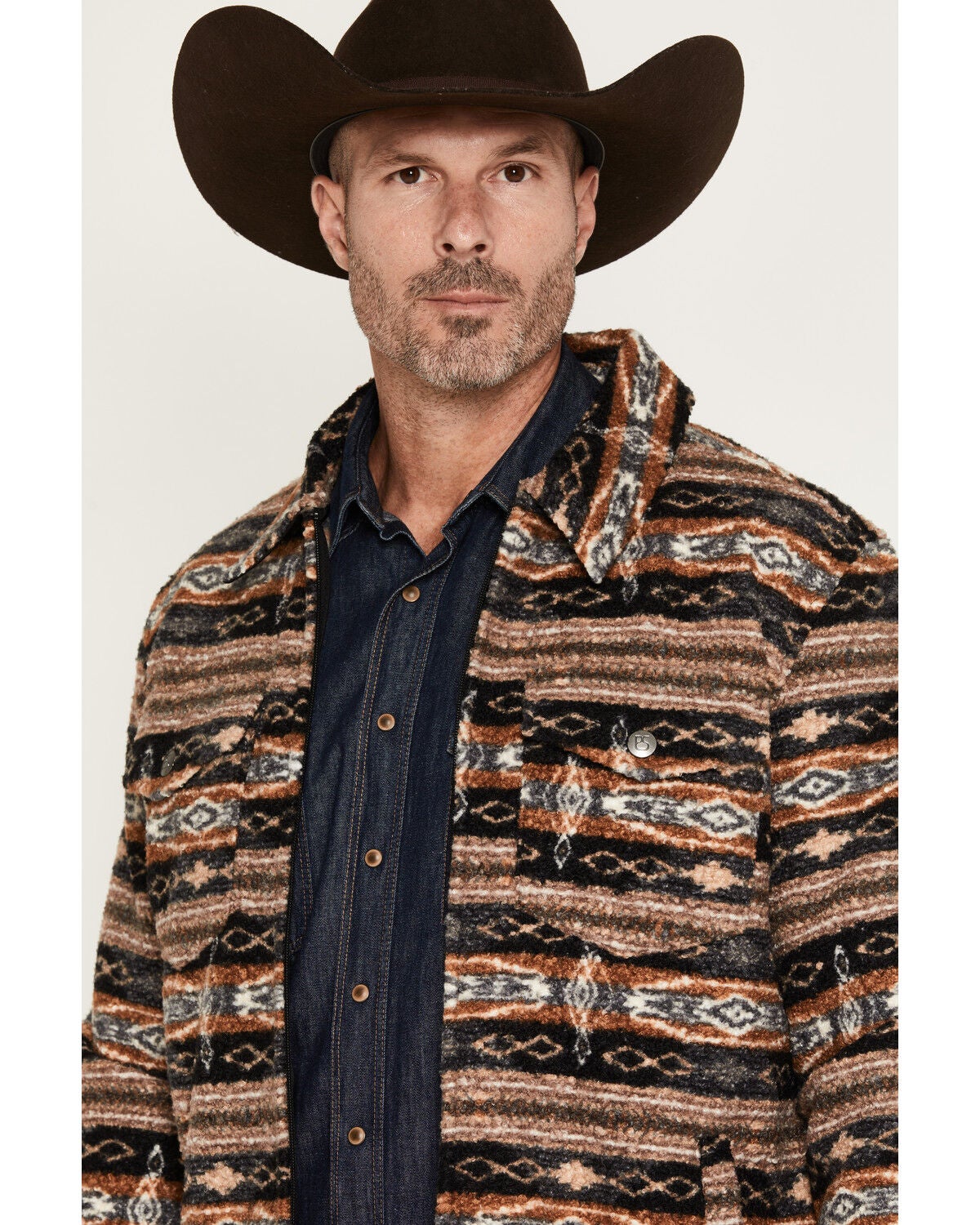 Image #2 - Panhandle Men's Jicarilla Southwestern Print Berber Shirt Jacket, Camel, hi-res
