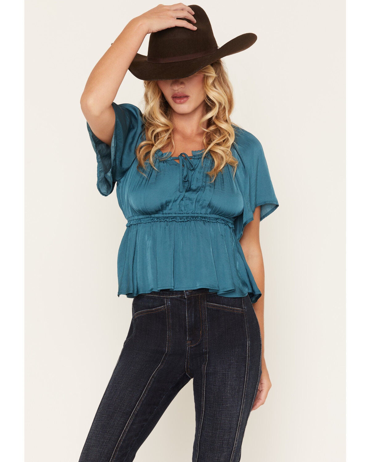 Shyanne Women's Hailey Satin Flounce Short Sleeve Peasant Blouse, Teal, hi-res