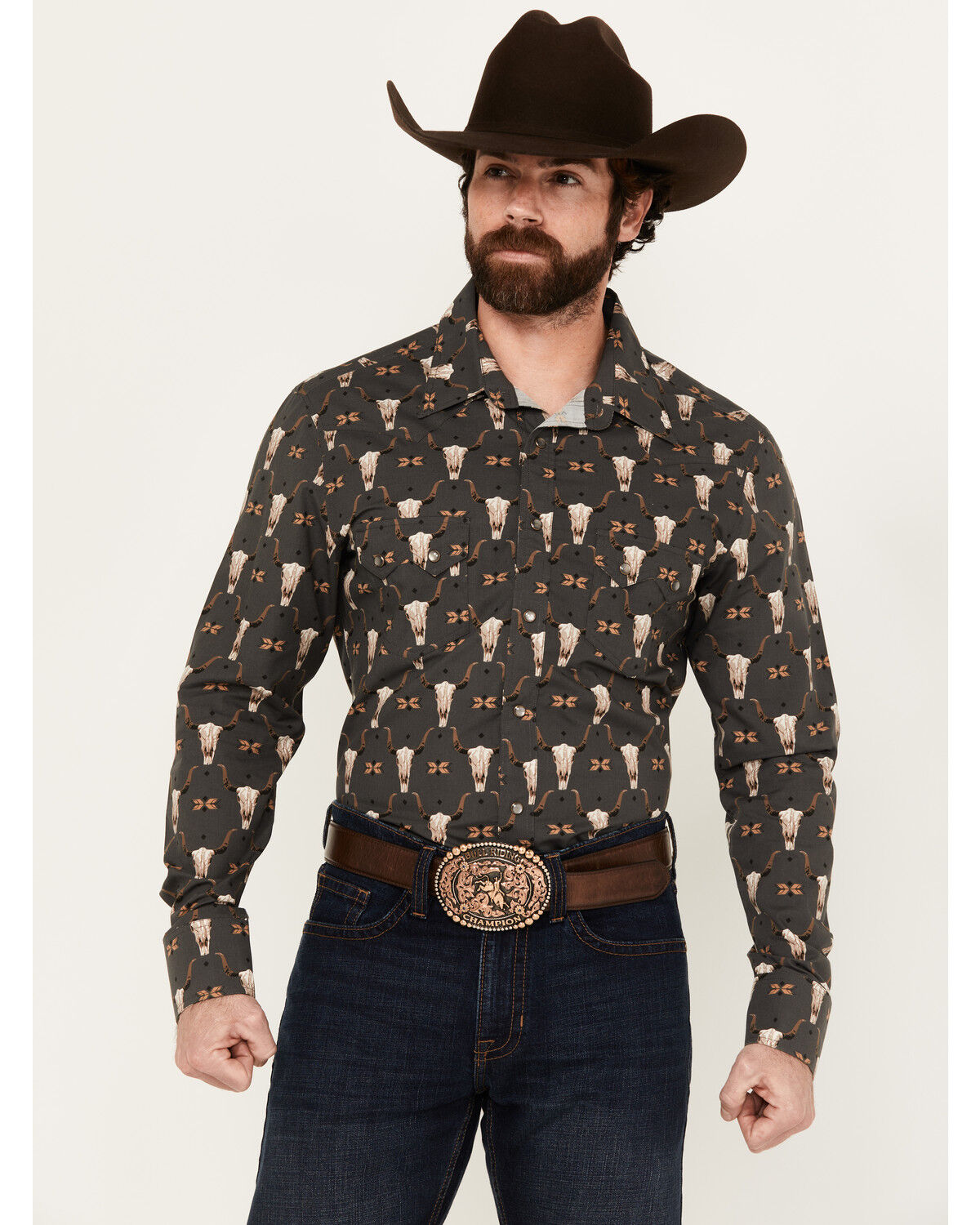 Image #1 - Rock & Roll Denim Men's Vintage '46 Steer Head Print Long Sleeve Pearl Snap Western Shirt, Black, hi-res