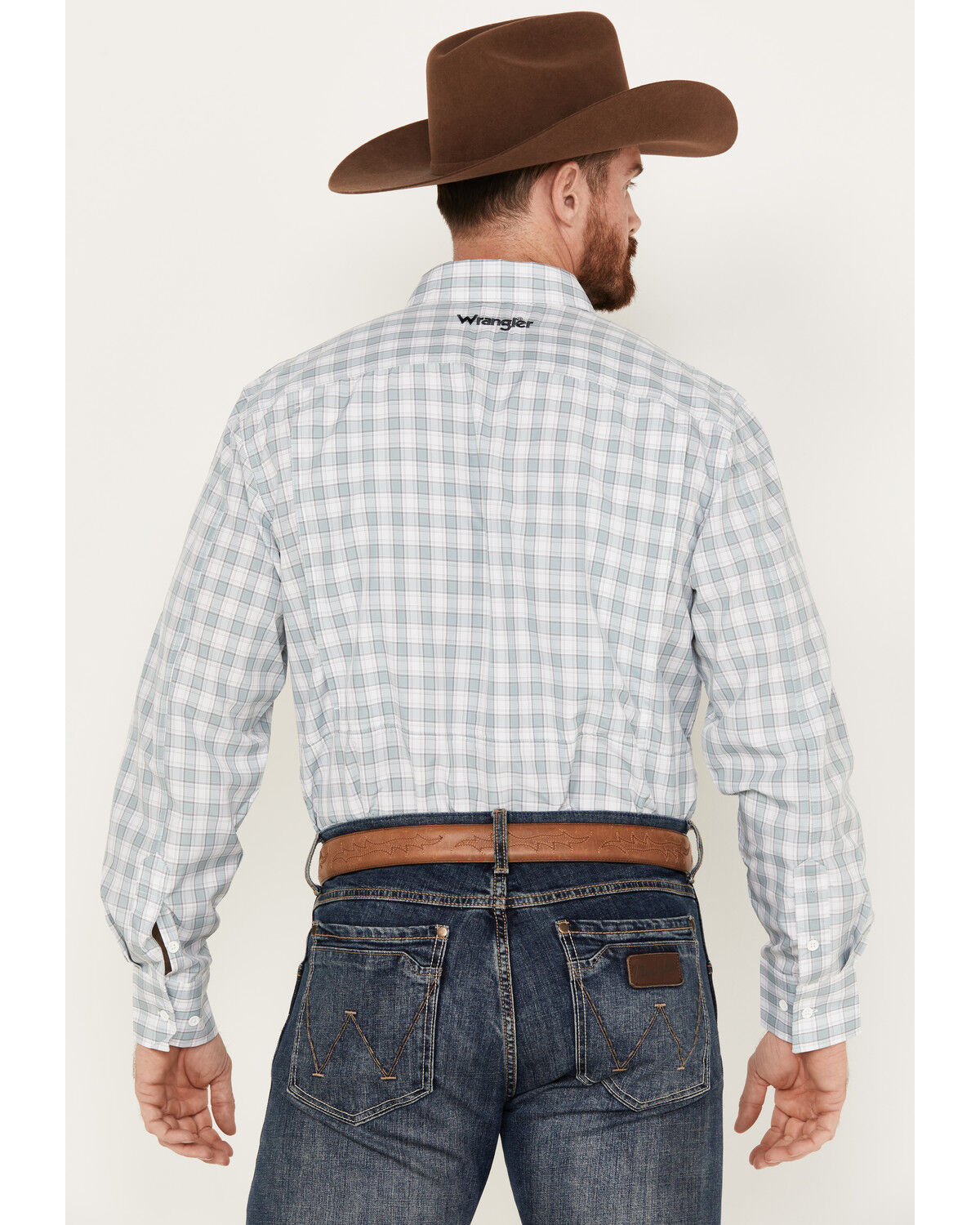 Image #4 - Wrangler Men's Performance Plaid Print Long Sleeve Button Down Western Shirt, Blue, hi-res