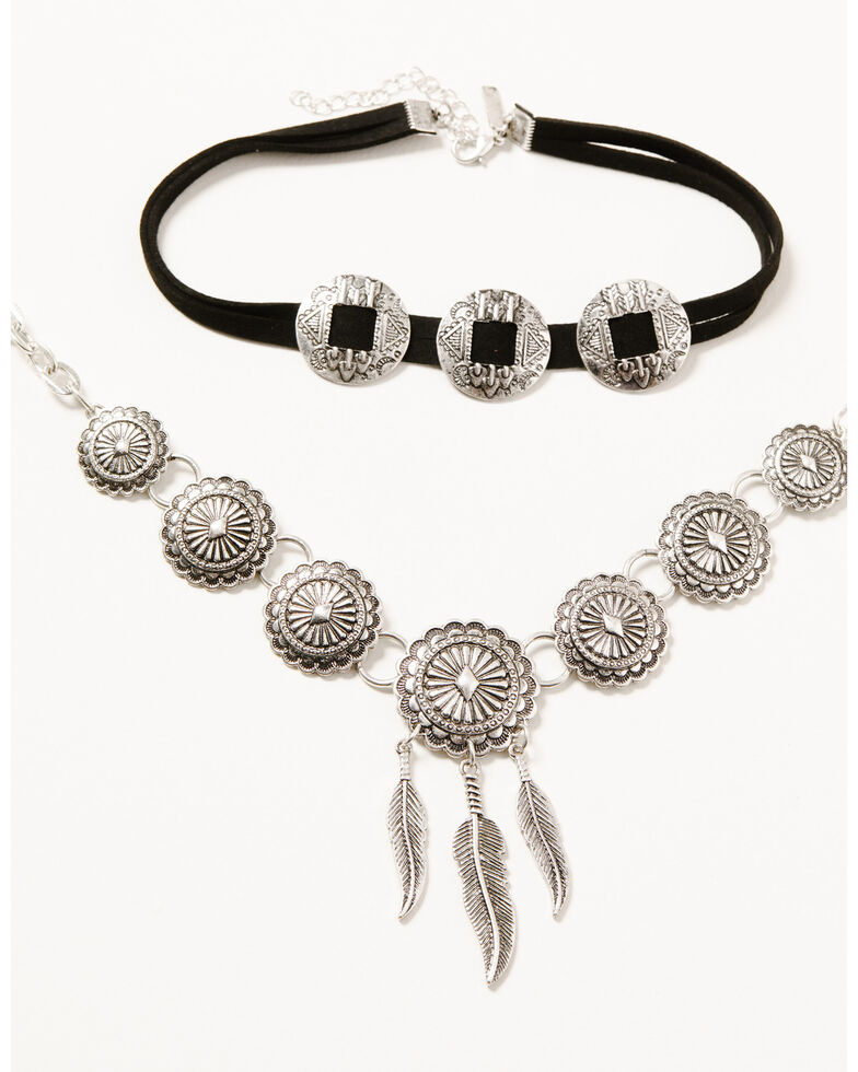 Shyanne Women's 2-piece Silver Concho & Leather Choker Necklace Set, Silver, hi-res