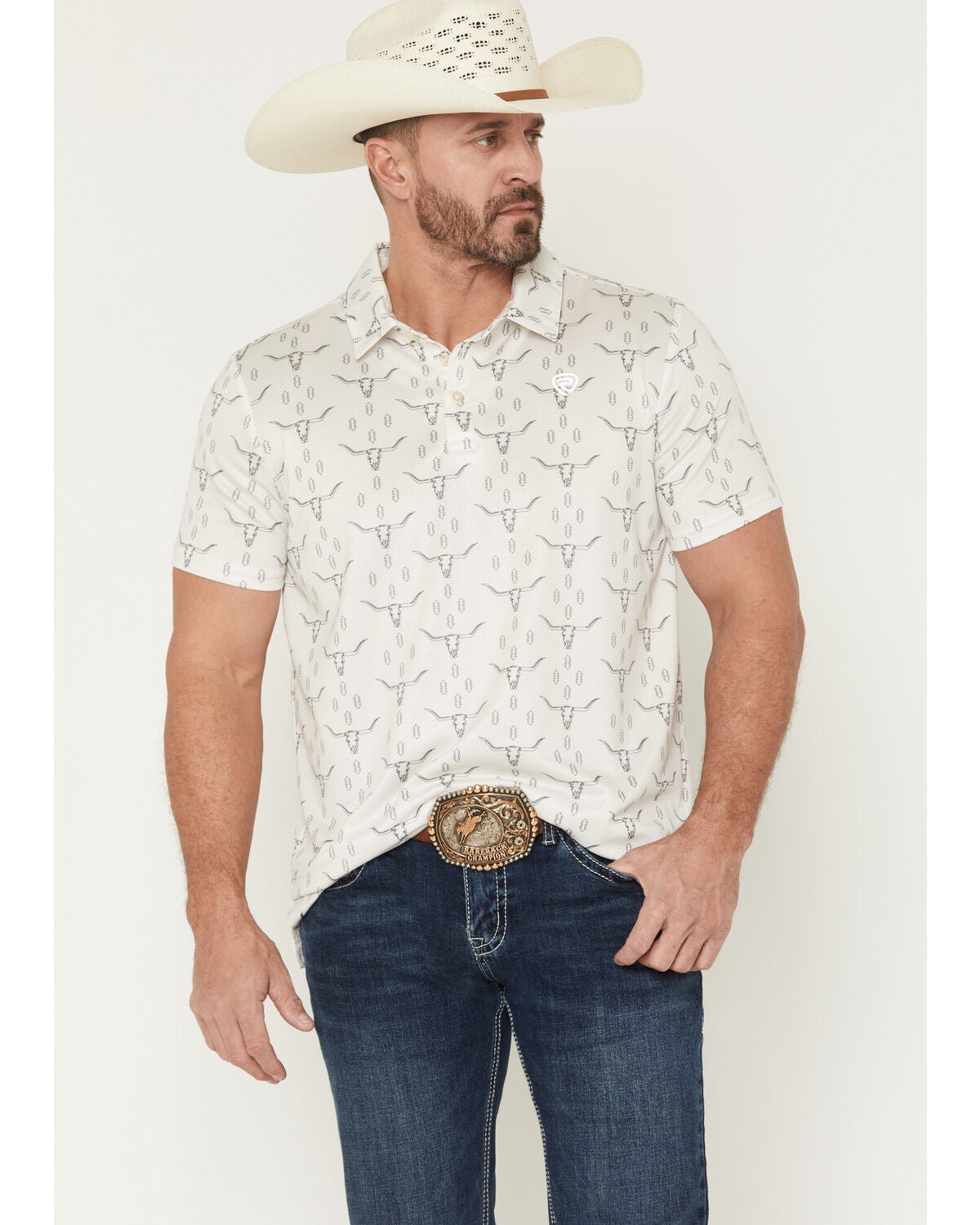 Rock & Roll Denim Men's Steer Skull Print Short Sleeve Button-Down Stretch Polo, Natural, hi-res