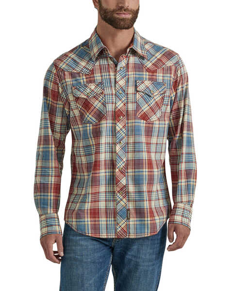 Image #1 - Wrangler Retro Men's Plaid Print Long Sleeve Snap Western Shirt , Red/white/blue, hi-res