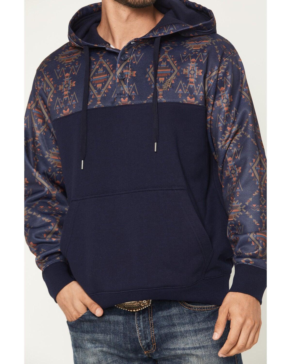 Image #3 - Hooey Men's Jimmy Southwestern Block Hooded Pullover, Navy, hi-res