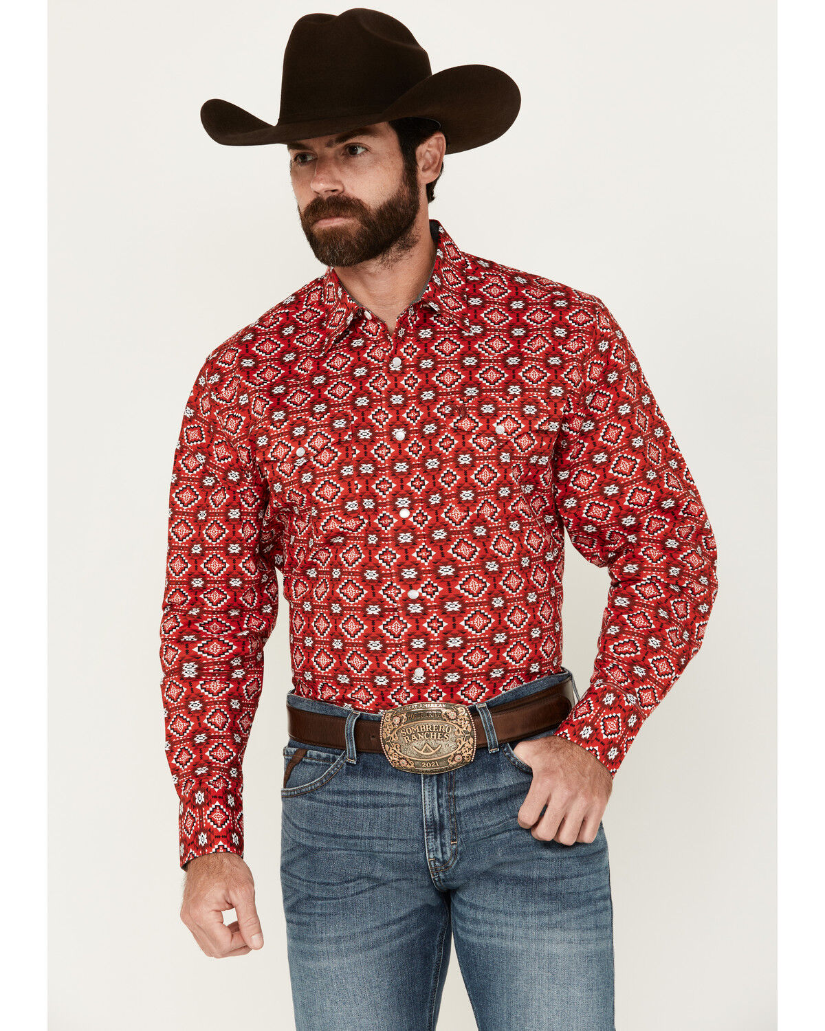 Image #1 - Rodeo Clothing Men's Southwestern Print Long Sleeve Pearl Snap Stretch Western Shirt, Red, hi-res