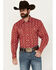 Image #1 - Rodeo Clothing Men's Southwestern Print Long Sleeve Pearl Snap Stretch Western Shirt, Red, hi-res