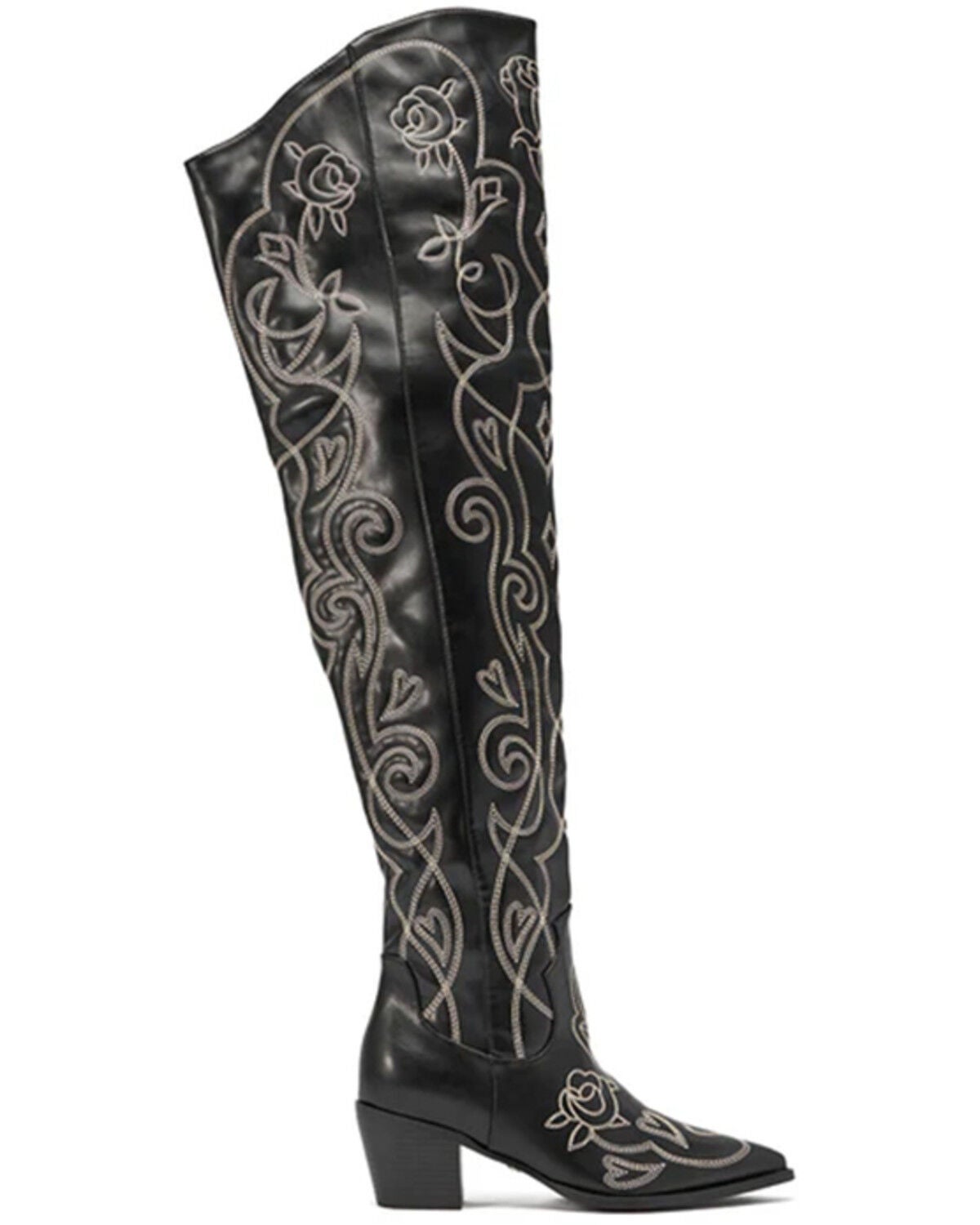 Image #2 - Azalea Wang Women's Kess Thigh High Western Boots - Snip Toe, Black, hi-res