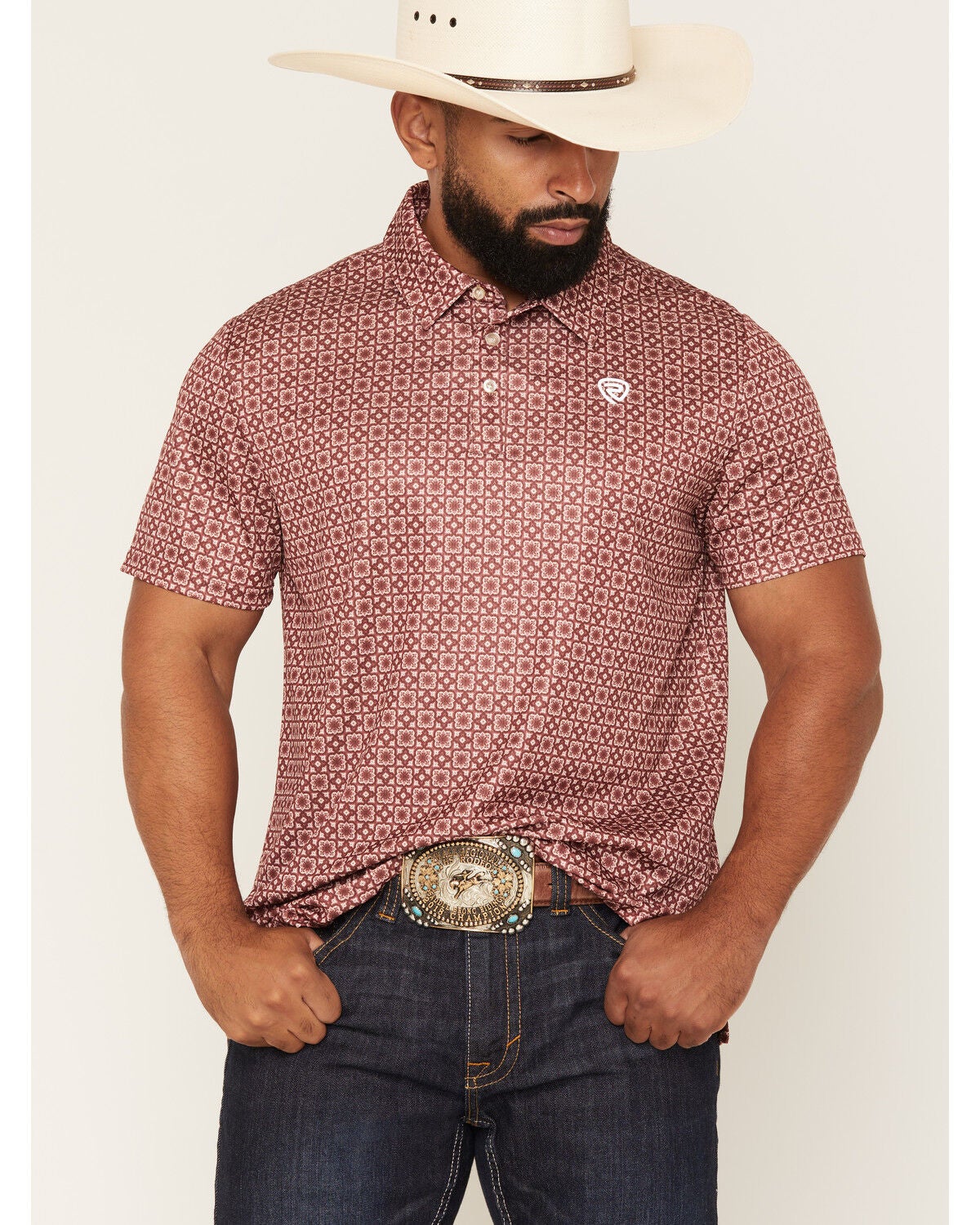 Rock & Roll Denim Men's Medallion Print Short Sleeve Button-Down Polo, Red, hi-res
