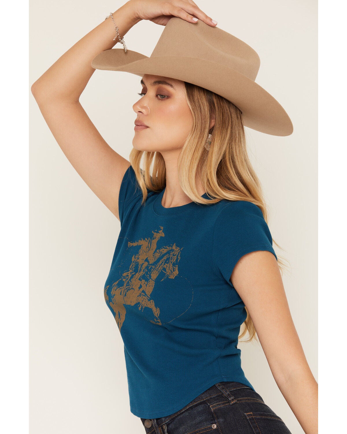 Image #2 - Shyanne Women's Ropin Cowboy Horse Ribbed Baby Tee, Navy, hi-res