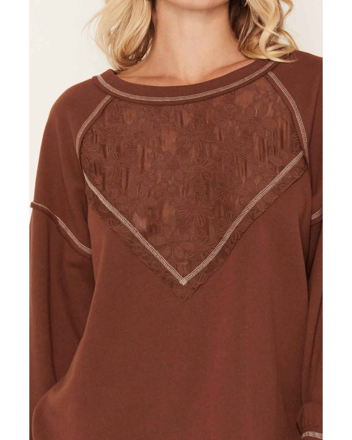 Image #3 - Blended Women's Lace V Neck Sweatshirt, Chocolate, hi-res