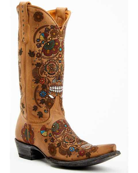 Image #1 - Old Gringo Women's Cavalier Skull & Floral Burnished Tall Western Leather Boots - Snip Toe, Beige/khaki, hi-res