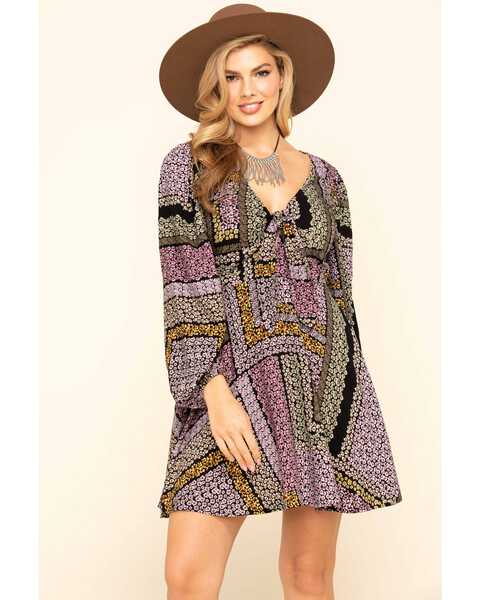 Band of Gypsies Women's Multi Patchwork Tie Front Dress , Multi, hi-res