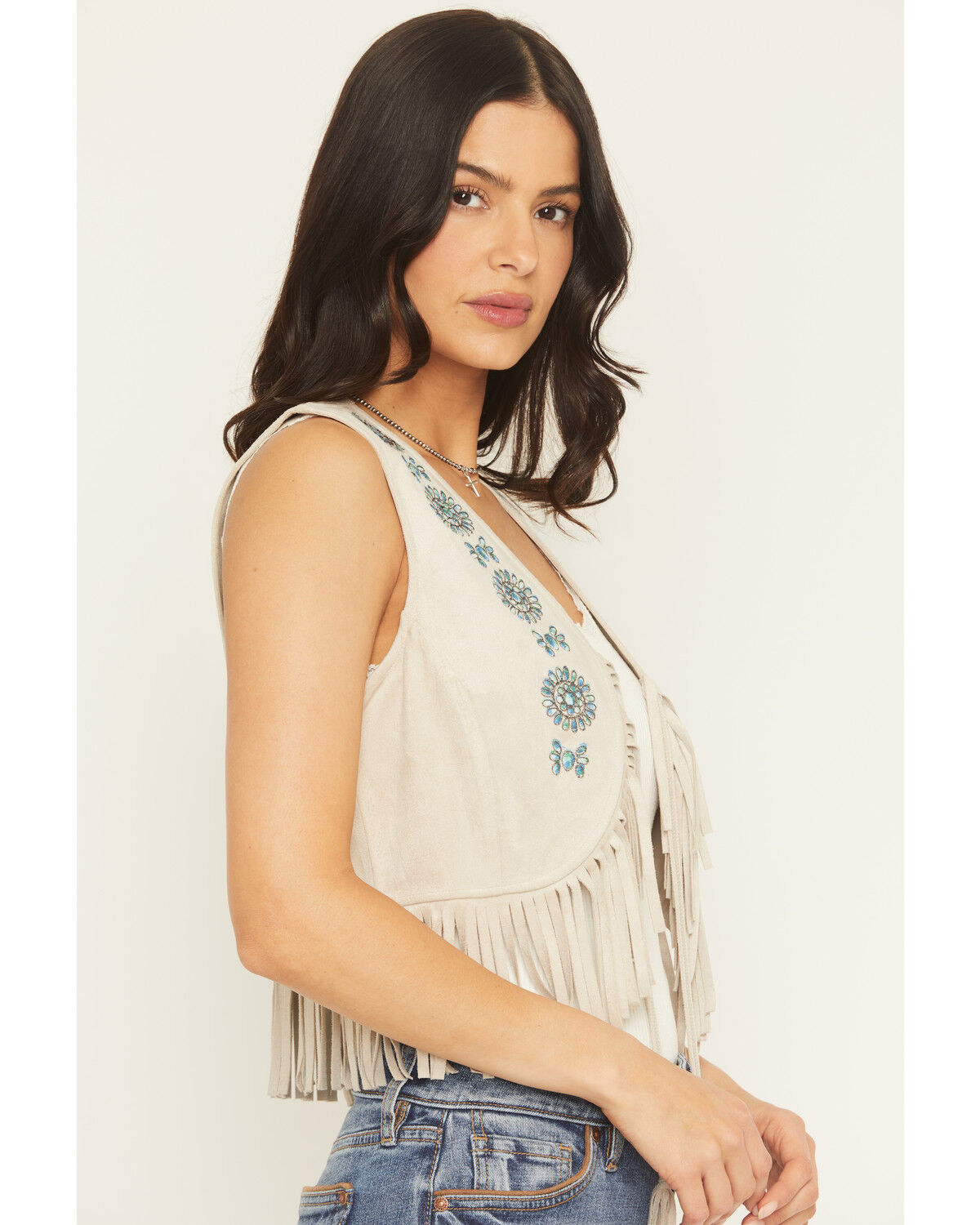 Image #2 - Shyanne Women's Embroidered Faux Suede Cropped Vest, Oatmeal, hi-res