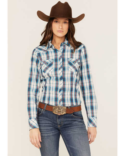 Image #1 - Roper Women's Plaid Print Long Sleeve Snap Western Shirt, Blue, hi-res