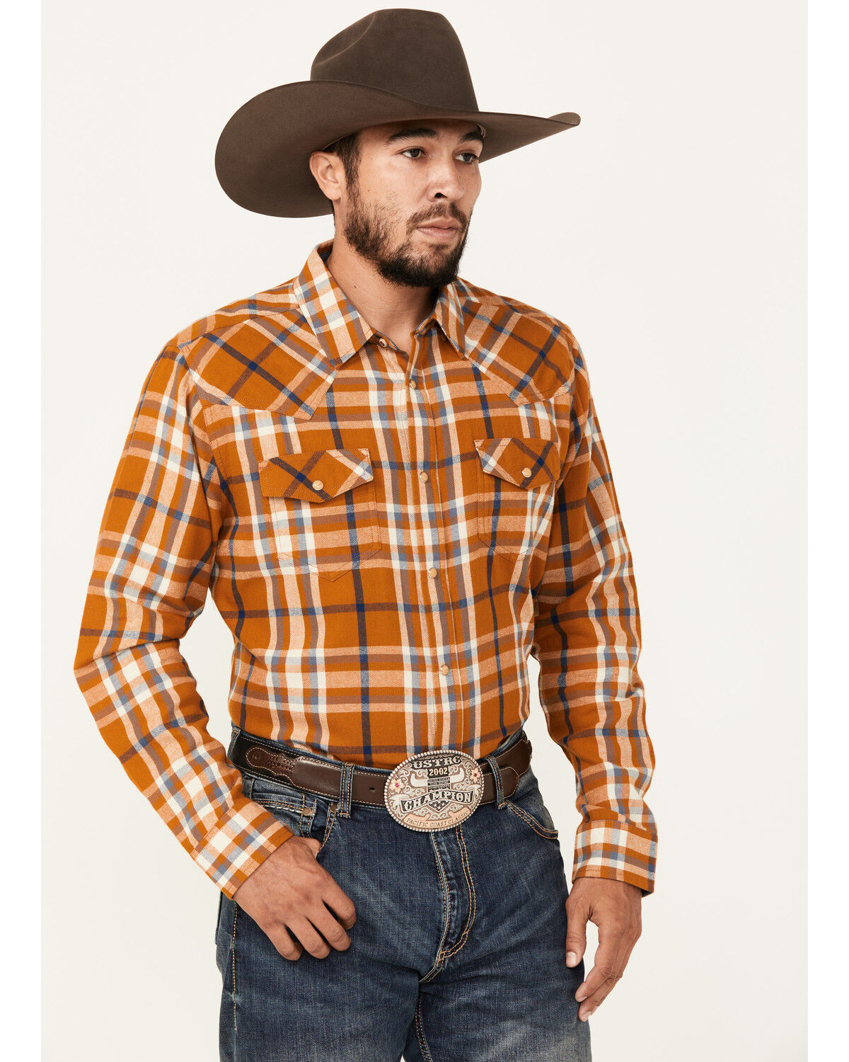 Image #1 - Cody James Men's Tidal Wave Plaid Print Long Sleeve Snap Western Flannel, Caramel, hi-res