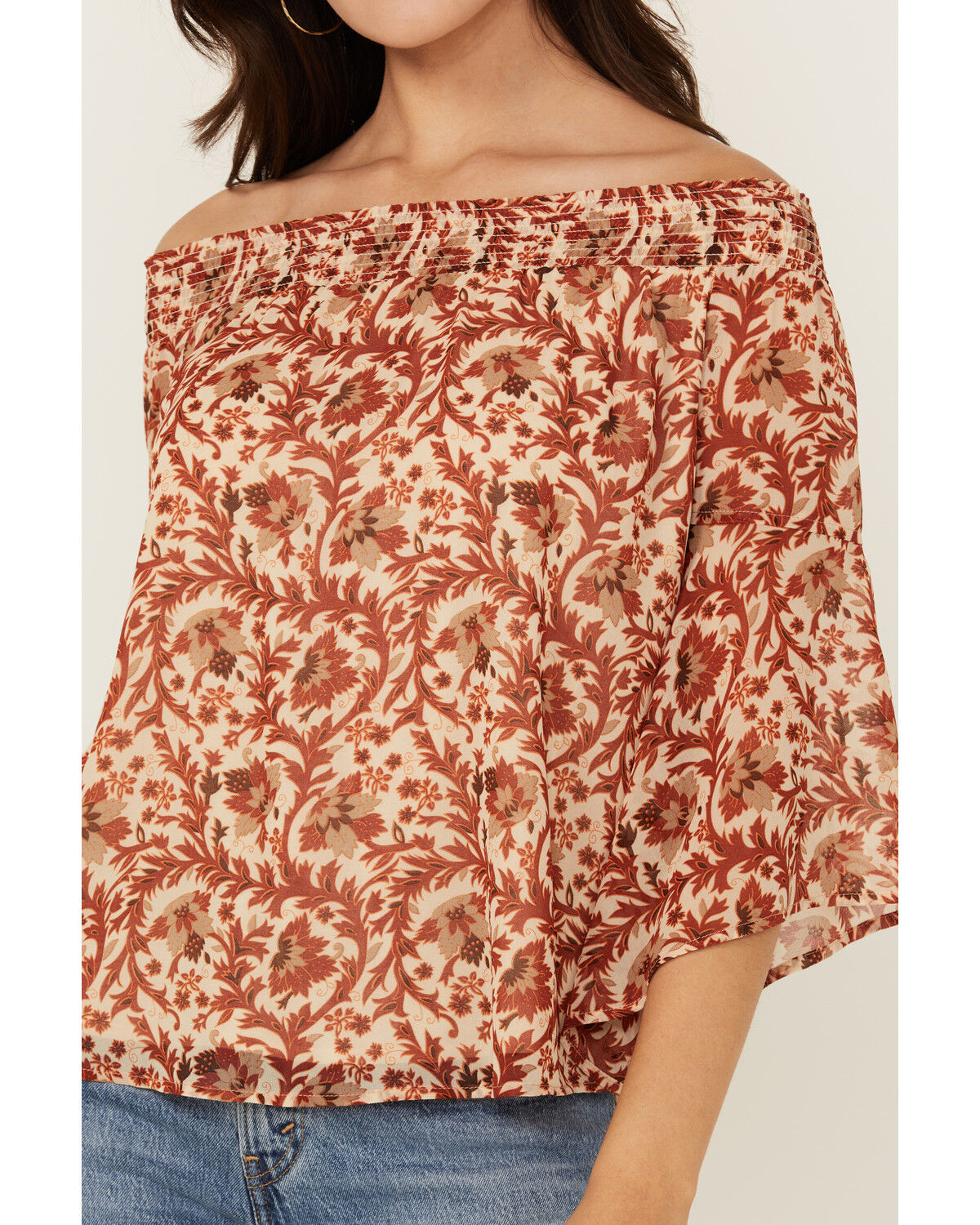 Image #3 - Shyanne Women's Floral Print Off The Shoulder Long Sleeve Blouse, Taupe, hi-res